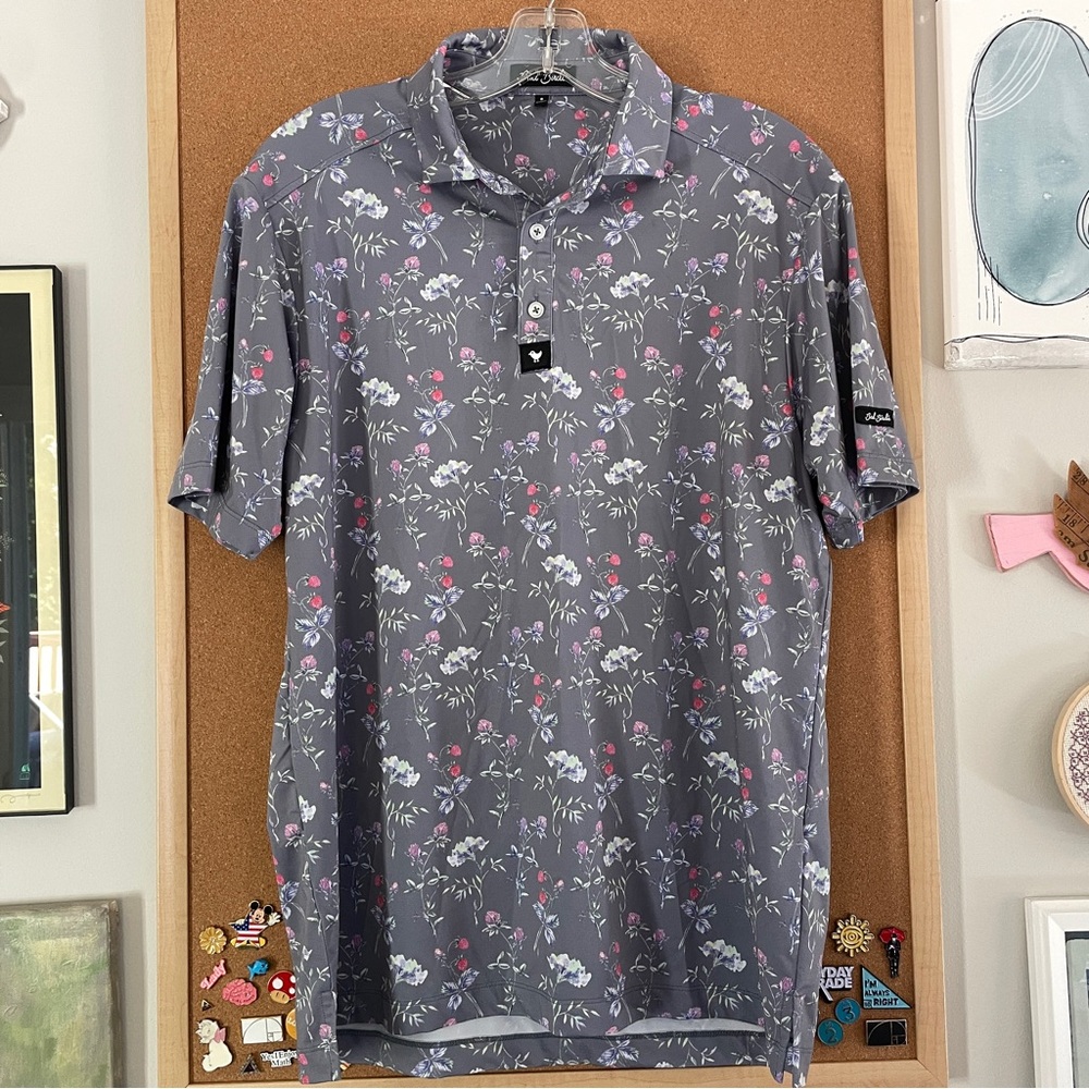 Bad Birdie Golf Small Blue and Purple and Grey Floral Polo